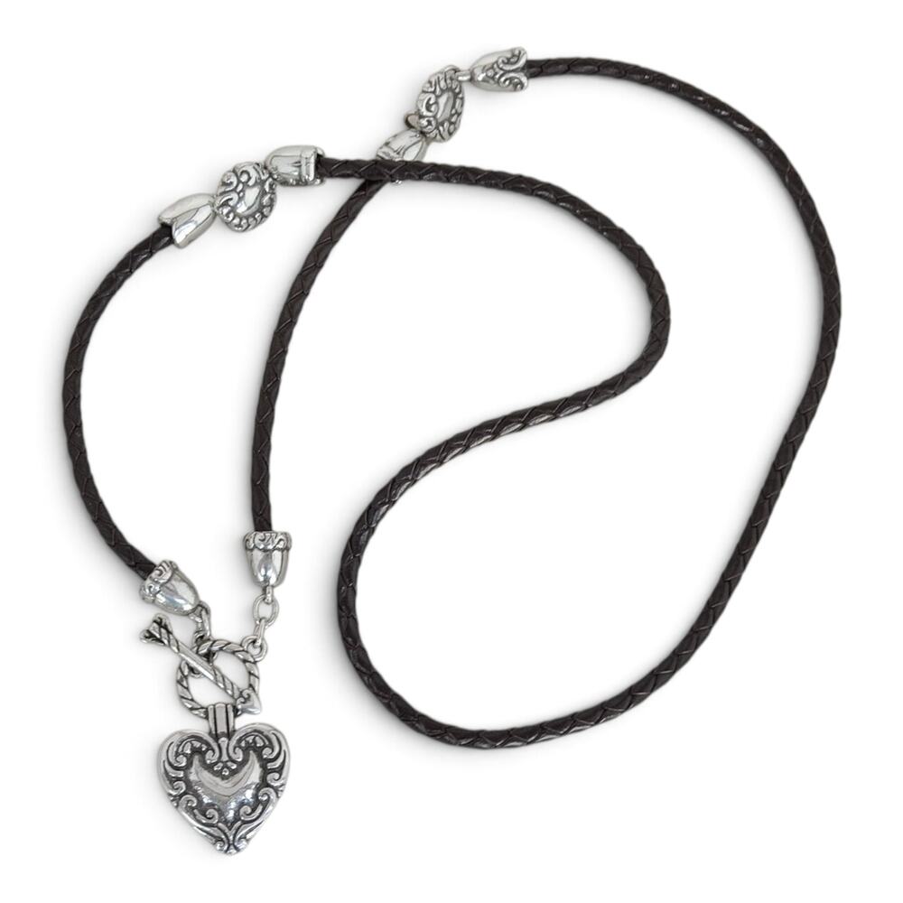 Vintage Brighton Heart Pendant Necklace Black Braided Leather Toggle 32"